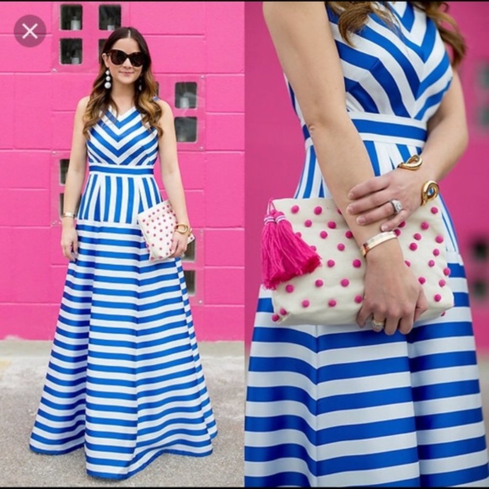 Eliza J Blue & White Striped Jacquard BallGown NWT